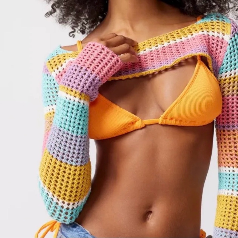Urban Outfitters Striped Crochet Knit Shrug NWT Pastel Rainbow Boho Long Sleeve
